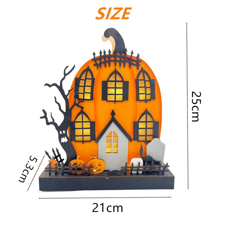 Home Halloween Tabletop Decoration, Lighted Wooden Haunted House Pumpkin Decoration Ornaments, Battery Operated Pumpkin House Ornament Party Supplies