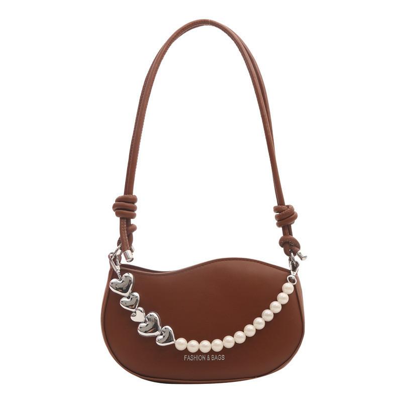 

Popular Small Shoulder Bag With Pearl Chain Strap For Daily Street Style In Spring 2024 коричневий