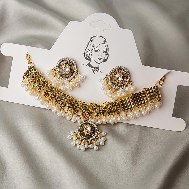 European and American cross-border sources, full of pearl sequins, beautiful glitter, vintage necklace set, earrings, personalized color-blocking ear