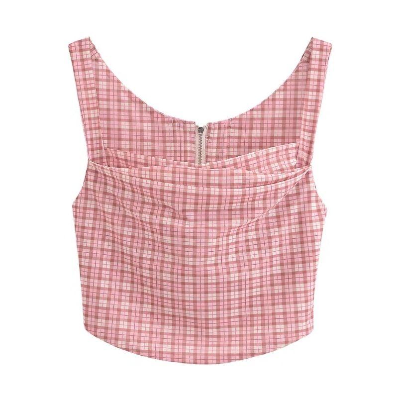 

Sweetheart American Retro Crop Top Small Top Mini Skirt Pink lattice Tops(High quality) L