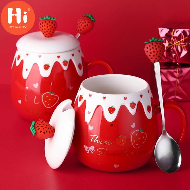 Hi 1 STÜCK 500 ml Große Kapazität Keramik Süße Erdbeere Kaffeetasse mit Deckel und Löffel Porzellan Frühstück Milch Haferflocken Tasse Trinkgeschirr