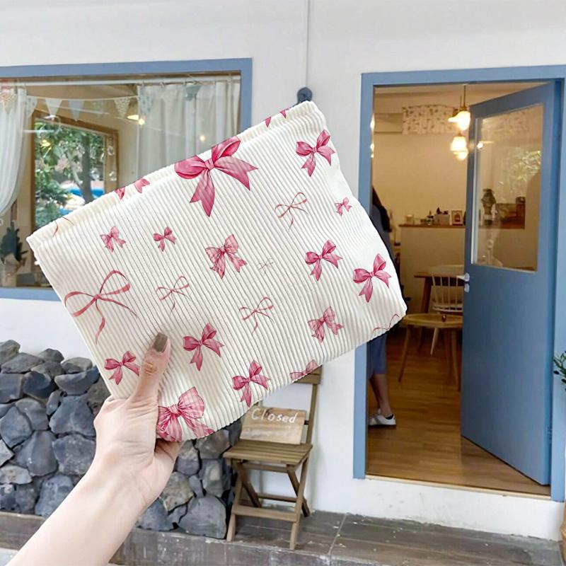 1pc Large Capacity Corduroy Cosmetic Bag Women Toiletries Organizer Bow Printed Zipper Makeup Bag Clutch Travel Cosmetic Storage