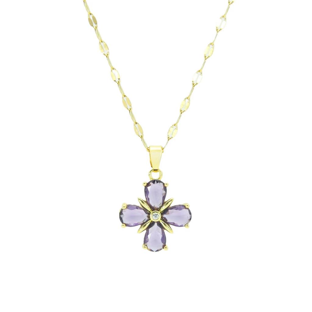 Titanium Steel Four-Leaf Clover Necklace Women'S Style Light Luxury Simple Amethyst Zircon Pendant Accessories