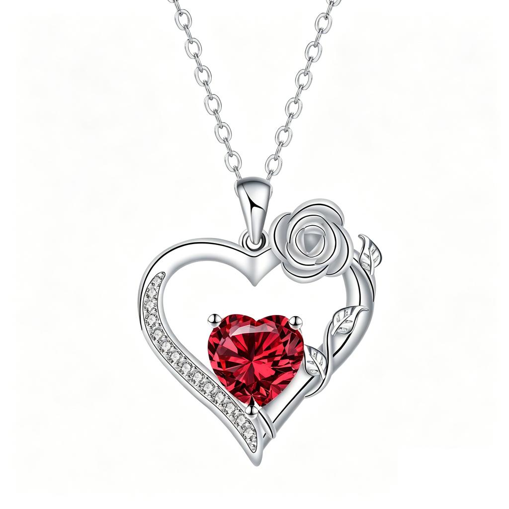 Rose Flower Love Heart Jewelry Wife Girlfriend Mom Daughter Anniversary Birthday Gift 12 Birthstone Necklace for Women