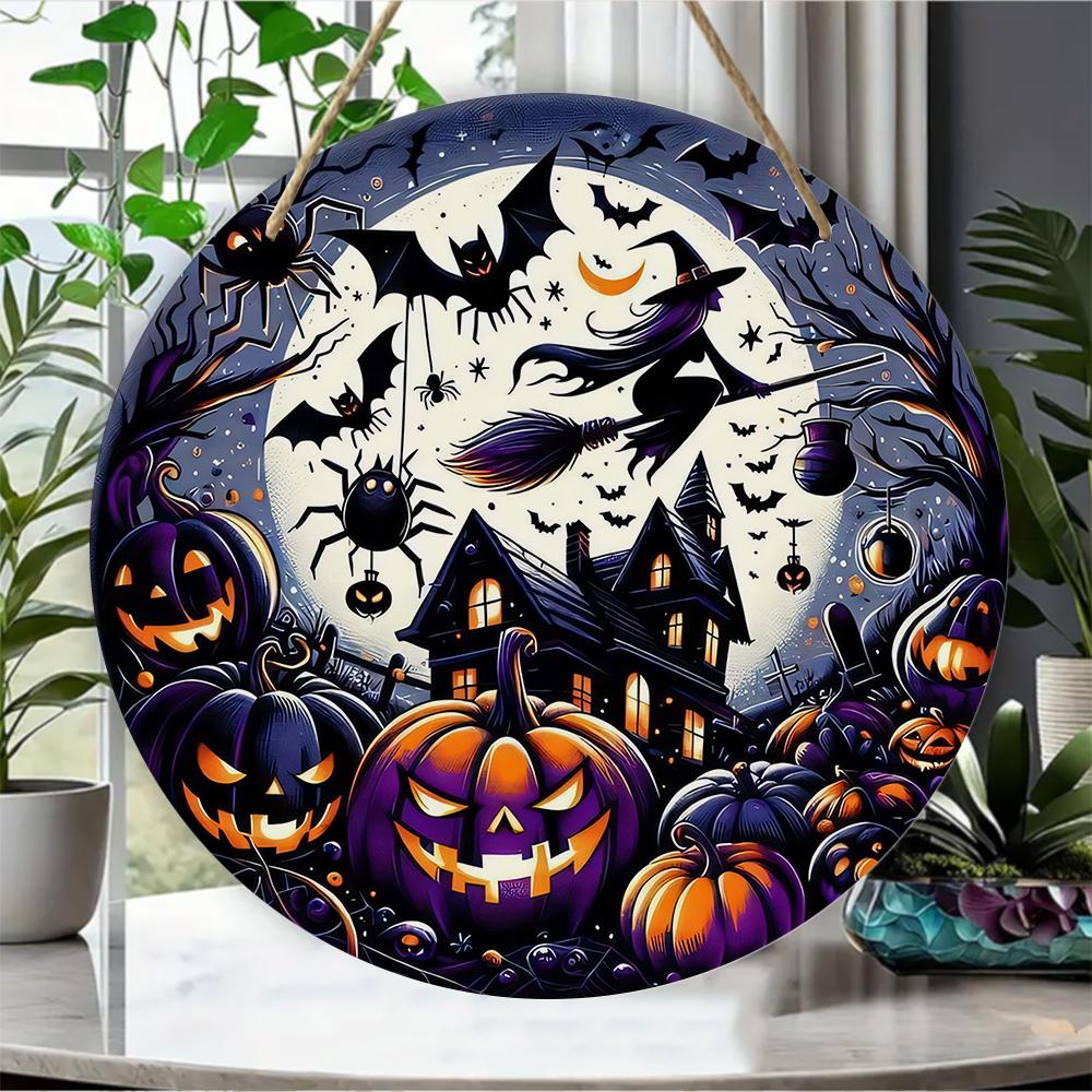 Spooky witch pumpkin haunted house Round Wooden Hanging Plaque wall art home decor porch front door sign Halloween party ornament supplies