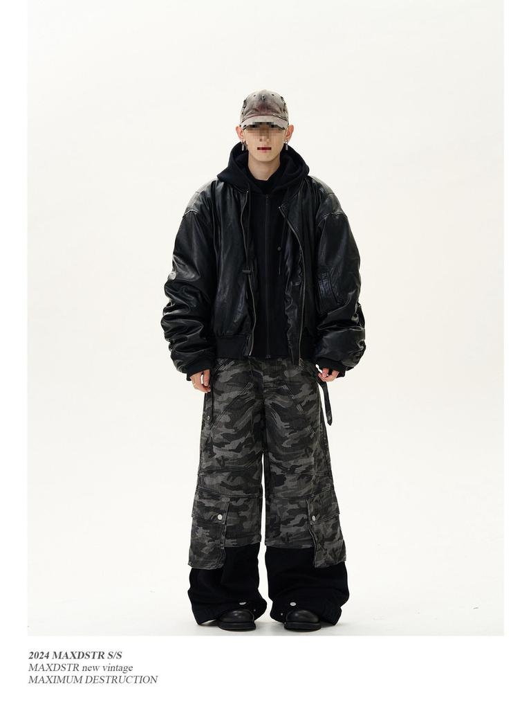 2025 Unisex Černá Bomberová Bunda s Kapucí ze Patchworkové PU Kůže