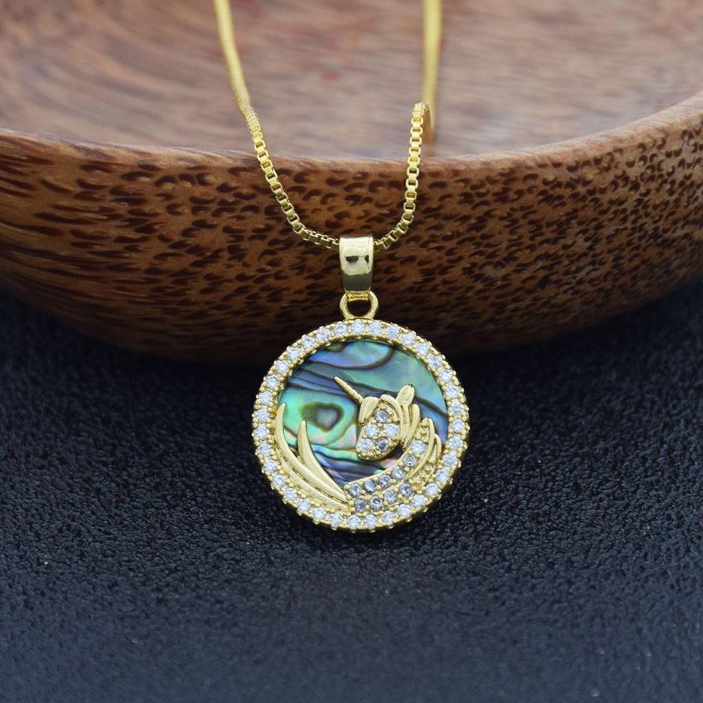 [Sedona's Magic] Maiden's Guardian Unicorn Necklace (Avalon) Gold-colored Pendant with Abalone Shell Inlay and Zircon, Easy Adjustable Slide Pin