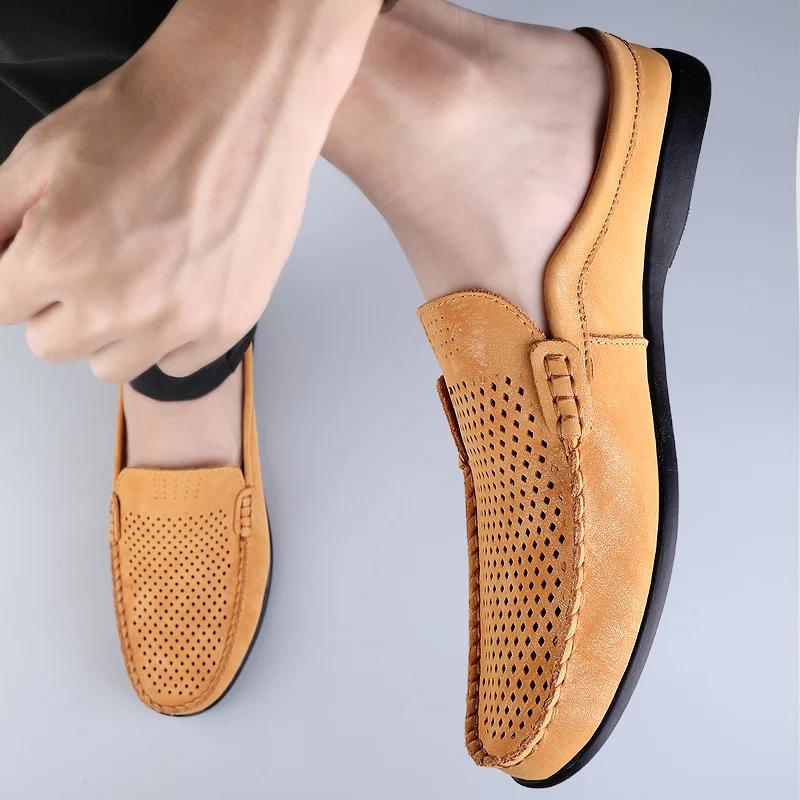 Fashion 2025New Men Summer Breathable Hollow Out Sandals Casual Leather Soft Bottom Walking Shoes Outdoor Flat Designer Half Drag Shoes