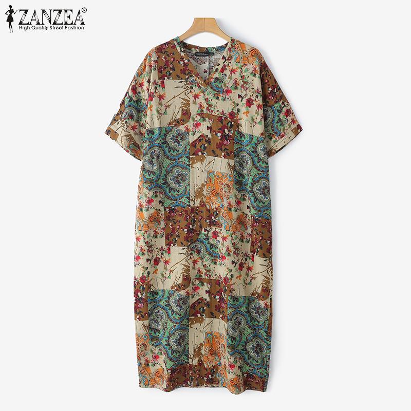 ZANZEA Womens Vintage Short Sleeve Floral Print Casual Long Dress