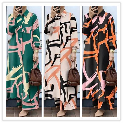 Women Solid Two Piece Outfit Lapel Long Shirt Maxi Blouse Wide Leg Pants Set Elegant Modest Muslim Abaya Suit Spring Daily Wear For Middle East Market