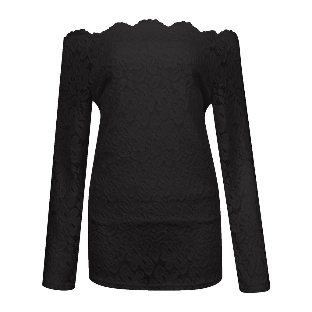 Women's Fashion Strapless Lace One Neck Long Sleeve Hollow Lace Blouse Top