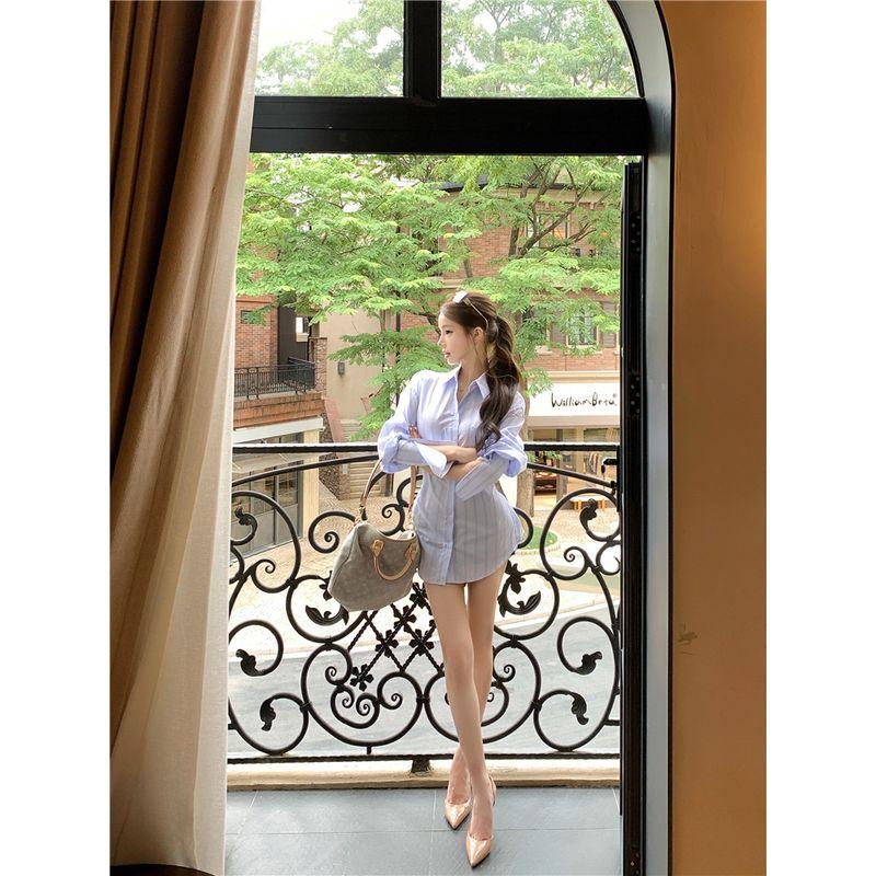 

Kumikumi British Style Fitted Waist Turn-down Collar Trench Coat Outwear Women s Autumn Elegant Retro Easy Matching Mid-Length Coat Stripes Shirt M