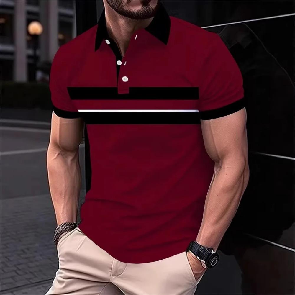 Men's summer short sleeved lapel T-shirt new fashion striped top lapel T-shirt