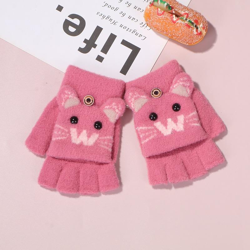 New Children's Knitted Finger Gloves Winter Boys and Girls Warm Fleece Thickened Cartoon Half Finger Flip Gloves