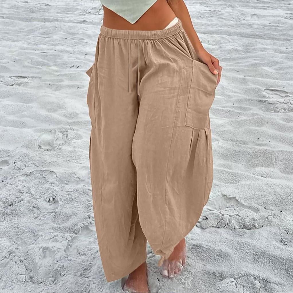 Damen Plus Size Leinenhose mit weitem Bein, mittlere Taille, Sommer-Baggy-Hose
