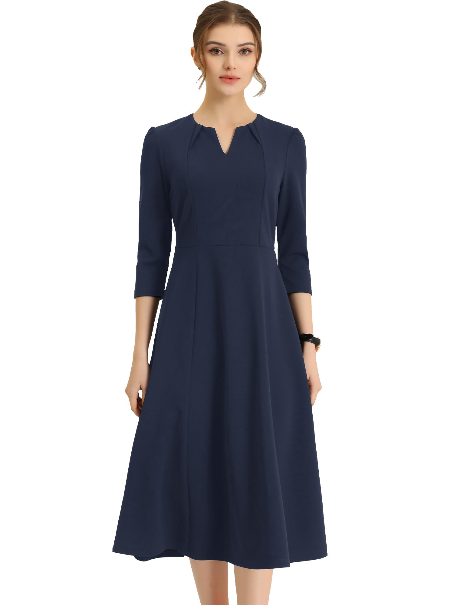 

Allegra K Elegant A-Line Dress, V-Neck, Pockets, 3/4 Sleeves, Work Dress, Women s, Navy Blue, Size M