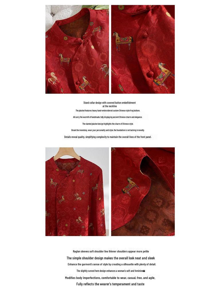 Golden Saddle Embroidered Stand Collar Shirt with Frog Button - New Chinese Style Long Sleeve Top (2026 Design)