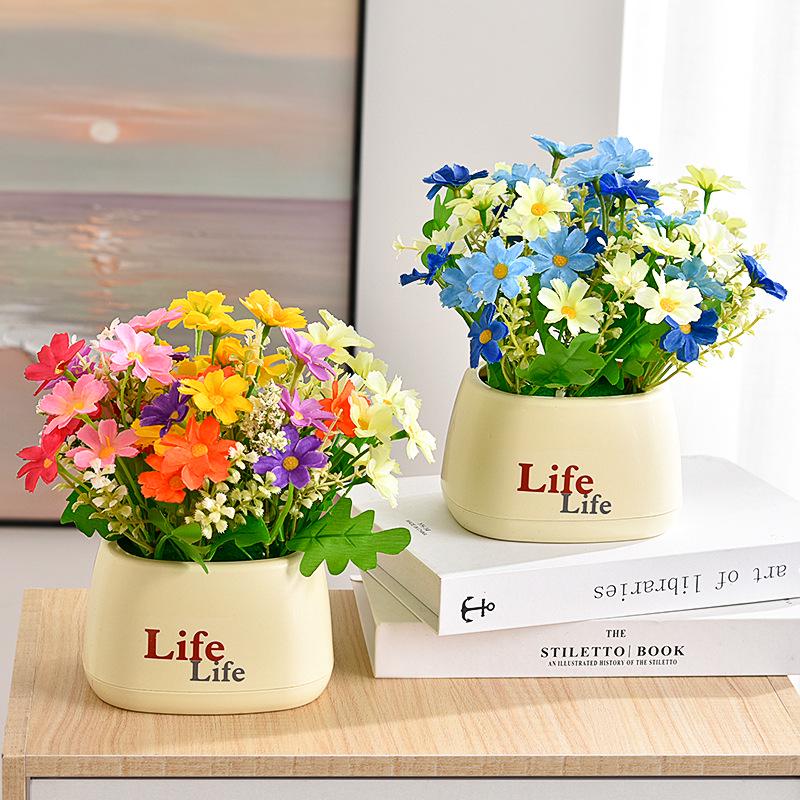 Living Room Decor: Artificial Sunflower and Green Plant Arrangements, Small Potted Plants, and Plastic Bouquets