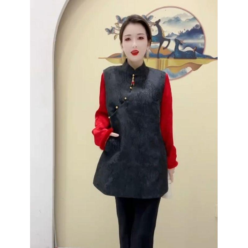 

Concave-Convex Digital Craft! Heavy Industry Chinese Style Stand-up Collar Frog Button Tassel Sleeveless Vest Skirt Female Spring & Fall Dress Black 4XL