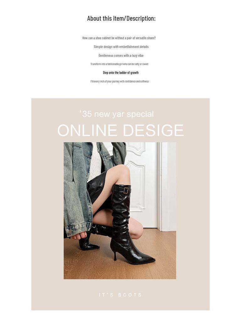 665 Stiletto Heel Over-the-Knee Boots - Autumn/Winter Pointed Toe, Slimming, Wrinkled, Stacked Shaft.