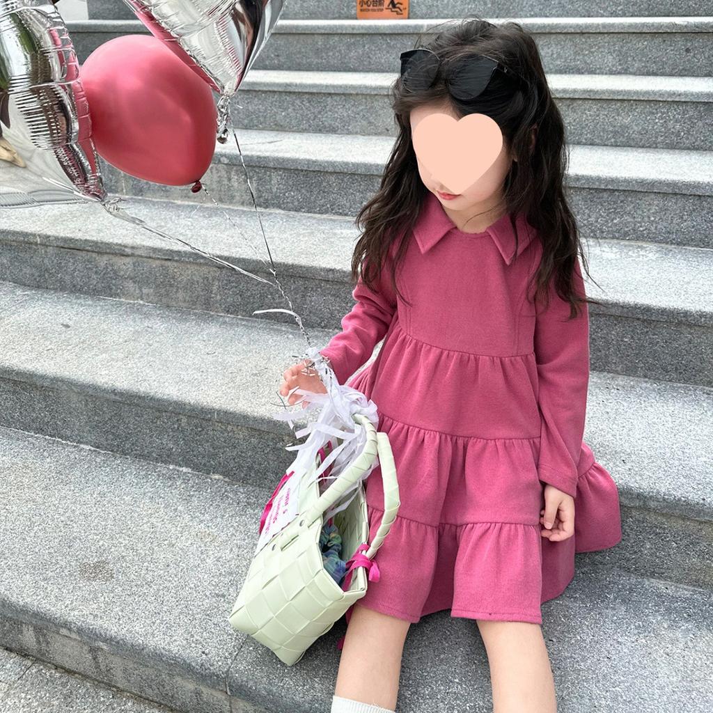 Girls Fall Korean Sweet Solid Long Dress Casual Princess Look