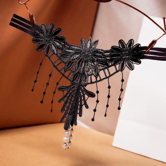 Women G-string Flower Embroidery Tassel Solid Color Hollow Out Faux Pearl Decor Spaghetti