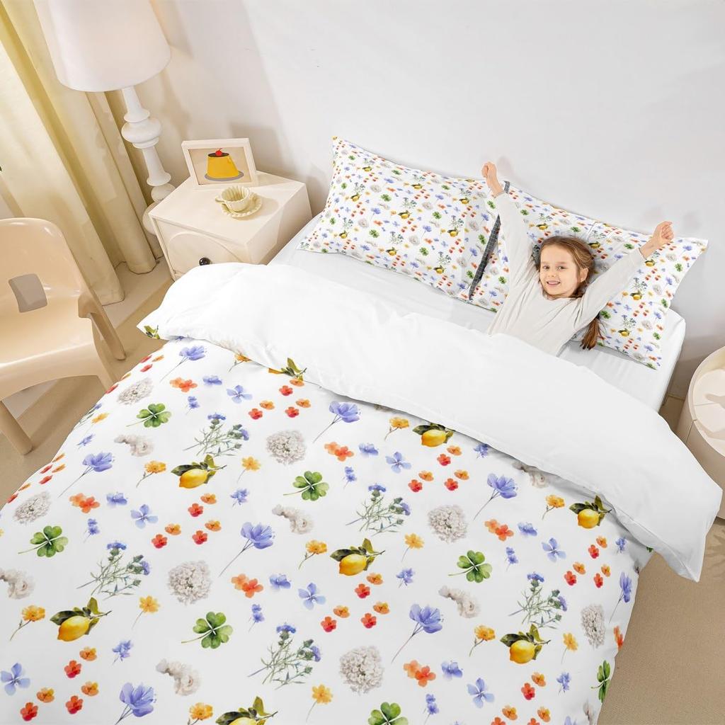 Garden Flowers Pattern Duvet Cover Set Single Size for Girls Adults Women Kids Butterflies Print Bedding Set + 2 Pillowcases