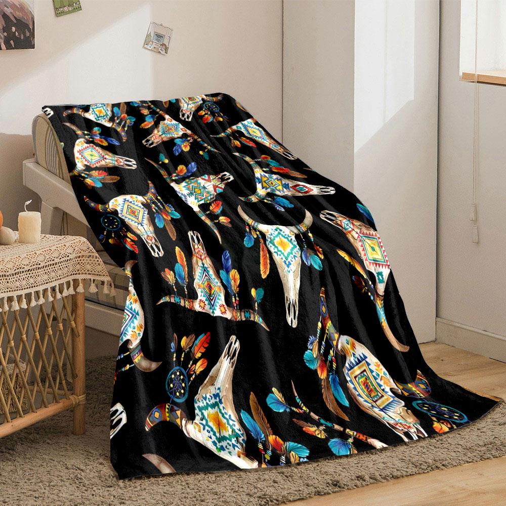 Bohemian Cow Skull Feather Blanket Bedroom Blanket for Livingroom Couch Lunch Break Soft Throw for Friend's Festival Gift
