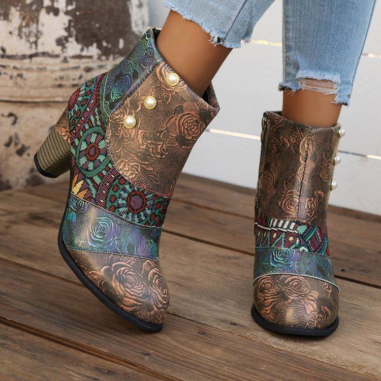 Bottines Martin décontractées sportives d'extérieur légères pour femmes, style ethnique, motif floral, talon épais rehaussant, automne et hiver, antidérapantes