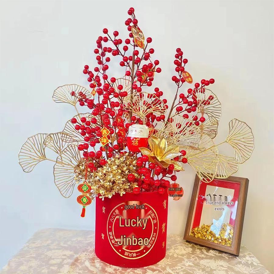 Fortune Bucket New Year Decoration Set - Festive Ornaments for Bedroom and Living Room with Flowers and Fu Character.