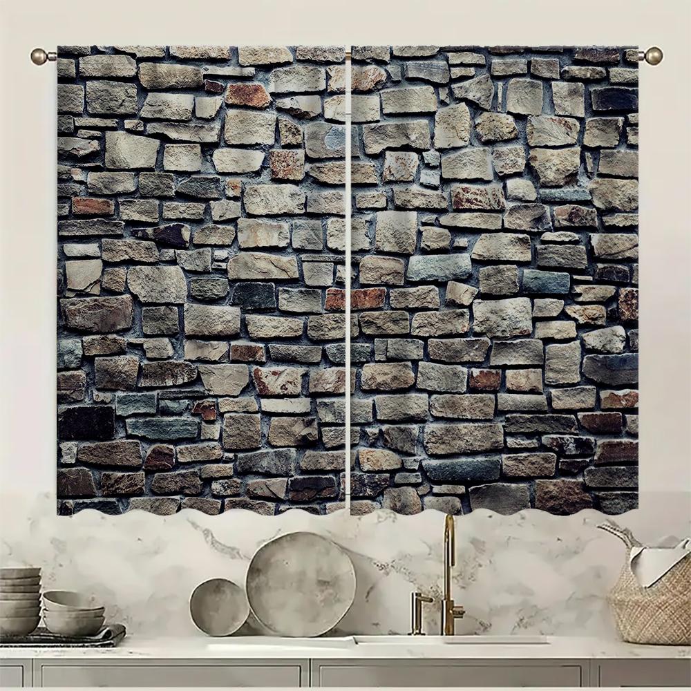 2PC Home Brick and Stone Wallsl Curtains With Landscape Background And Pole Pocket Curtains, Kitchen, Coffee Shop, Living Room,
