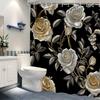 Black Floral Curtain - Gold & Silver Roses, Green Leaves, Metallic Accents, Baroque Style, Polyester,  Machine Washable