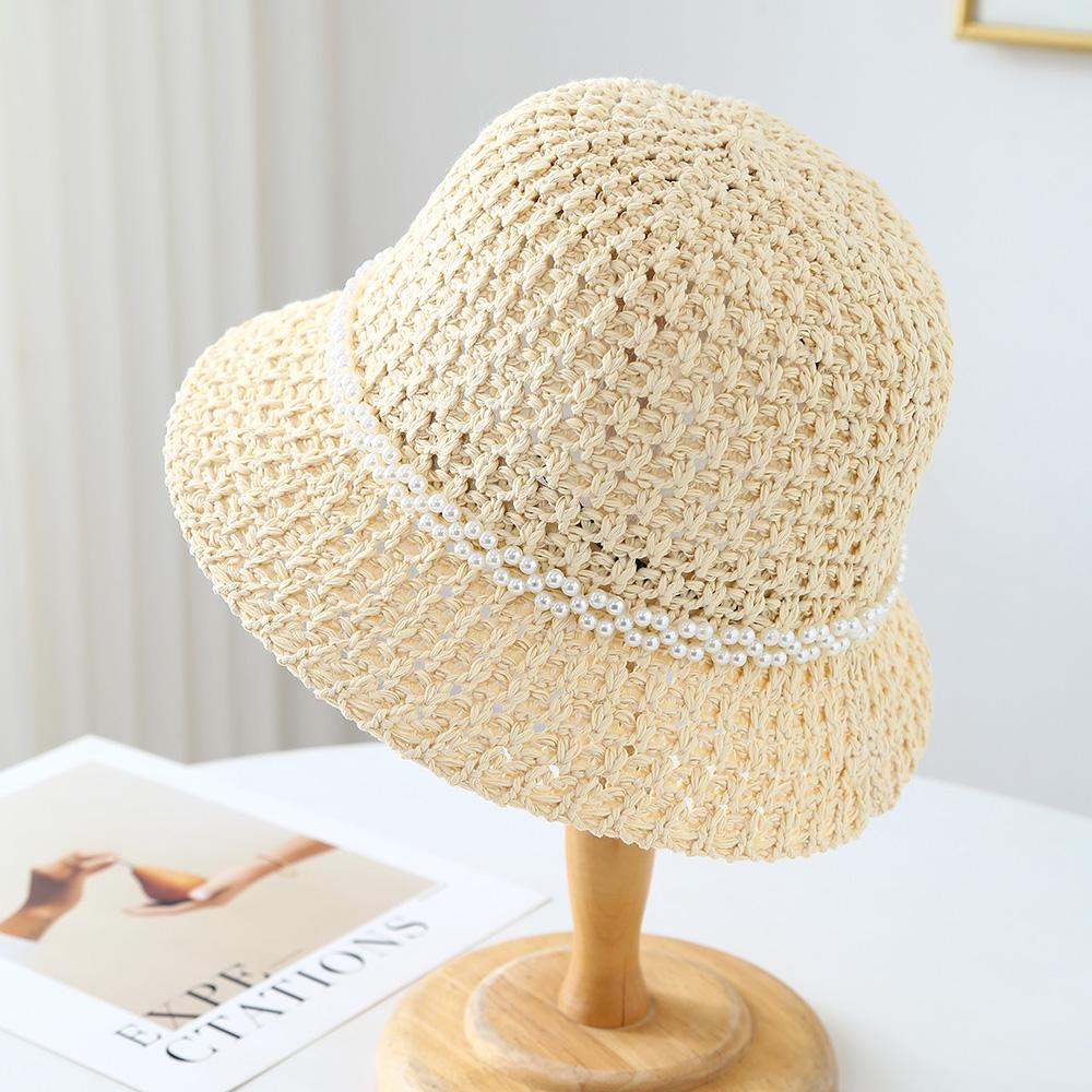 Pure Color Pearl Fishing Hat Straw Sun Hats Women Summer Beach Vacation French Style Woven Straw Hat Face Slimming Sun Caps