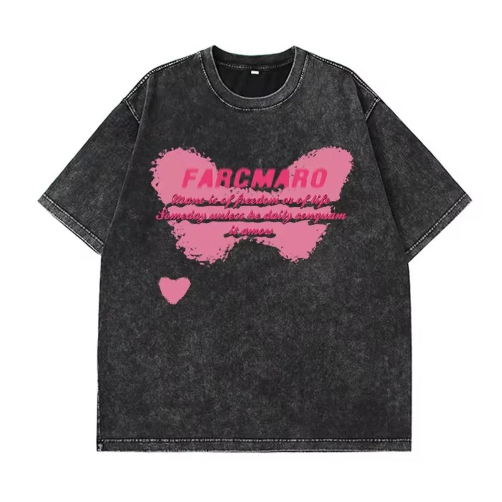 Hirsionsan Y2k Quality Oversized Washed T Shirt Women Men Vintage Print T-shirts Streetwear Wash Tee Girl Luxury