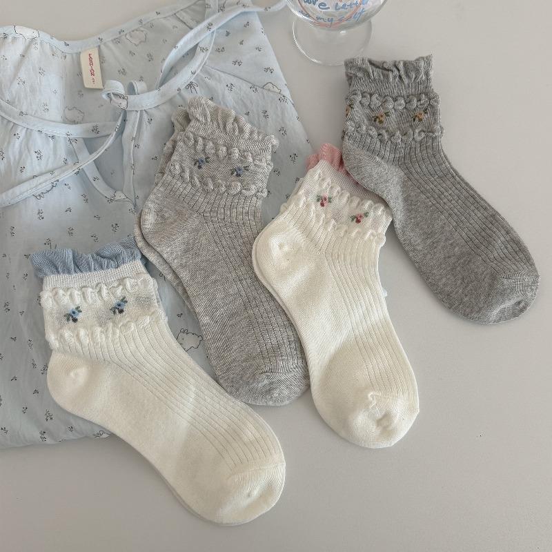 Spring Sock - Mesh Transparent Blue Floral Patterned Academic Style Short Cotton Socks