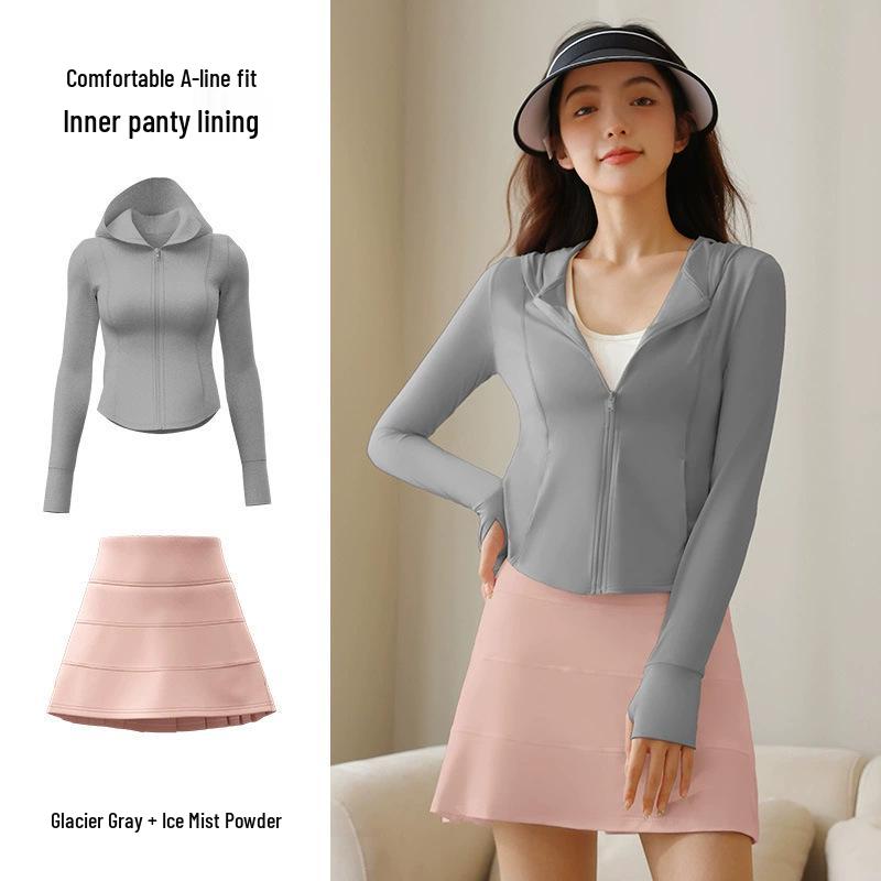 

Комплект для йоги из ледяного шелка с защитой от УФ-лучей: куртка и юбка А-силуэта Medium