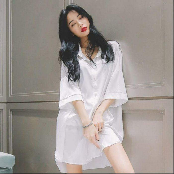 

Pajamas women s summer thin loose chiffon boyfriend style shirt temptation nightdress medium and long can be worn outside loungewear 160(M)