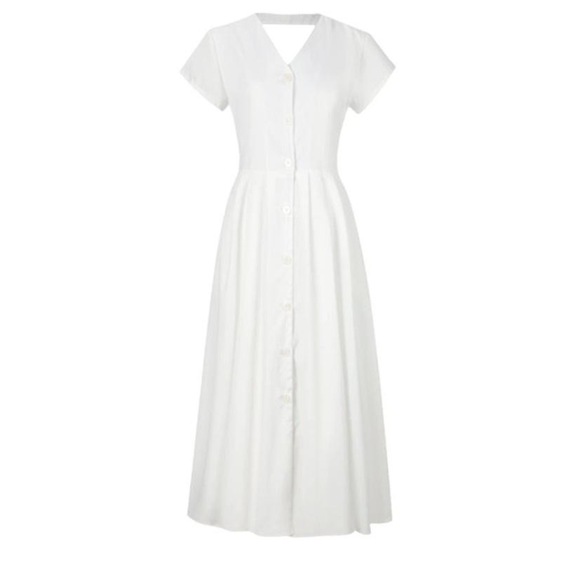 2025 Francouzské bílé letní šaty s výstřihem do V k moři pro drobné postavy - Dlouhý design se stahováním v pase