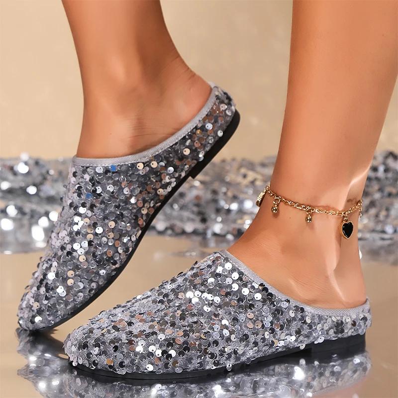 Fashion Bling Women Flats Mules Shoes Slippers Autumn Fashion Casual Shoes Women 2024 Trend Walking Shoes Cozy Dress Chaussures Femme