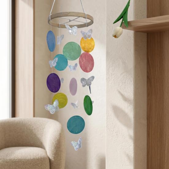 Wind Chime for Outside Ocean Theme Hanging Butterfly Windchime with Round Shells for Patio Garden Decor Gifts for Women Mom Wife