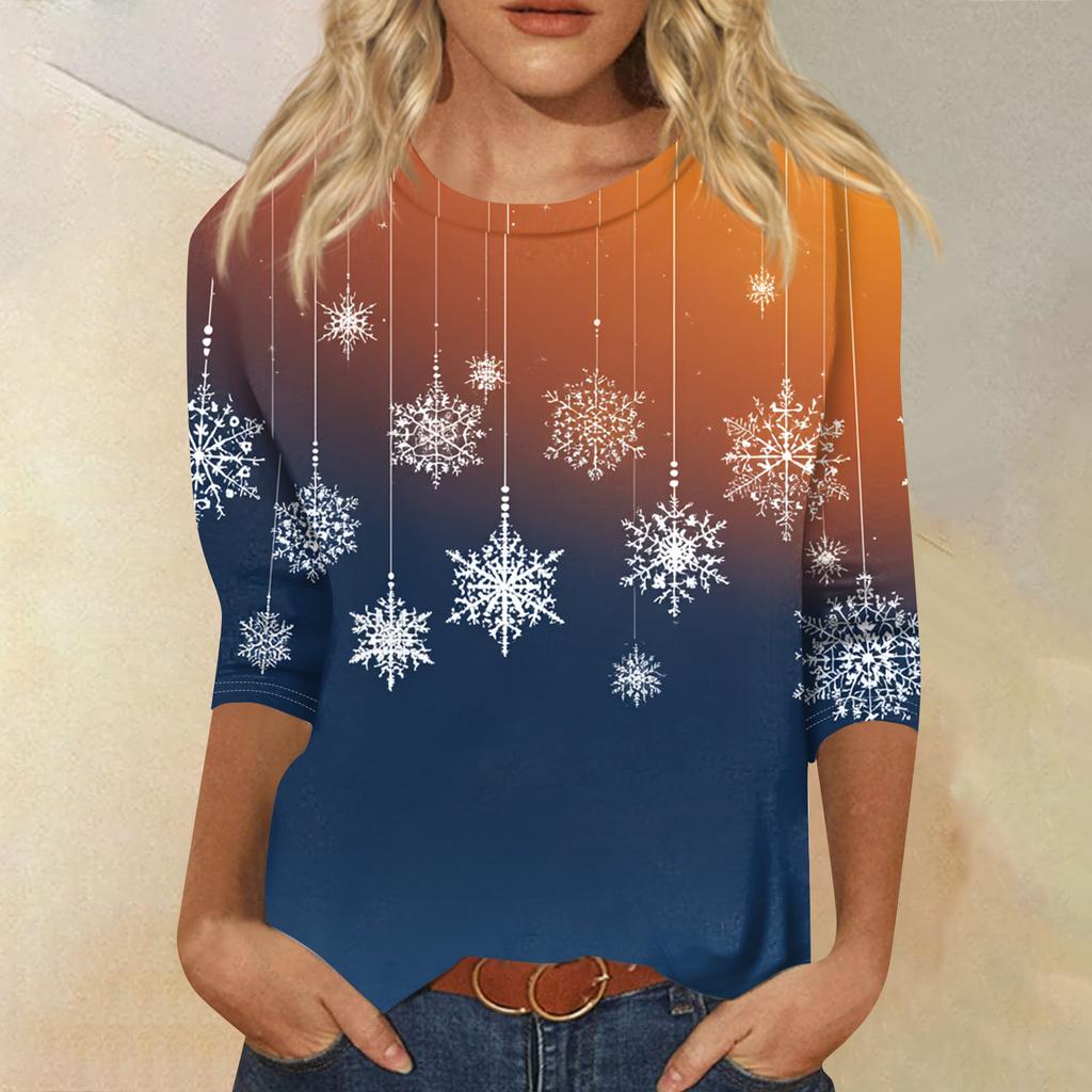 Lässiges Damen-T-Shirt mit Rundhalsausschnitt, Dreiviertelärmeln und Weihnachtsmotiv