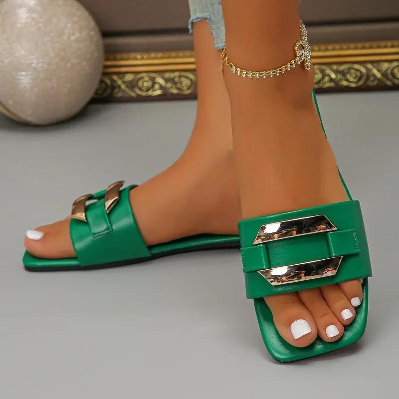 Fashion 2025 Shoes Female Plus Size Women's Slippers Hot Sale Casual Slippers Women Metal Decoration Square Toe Flat with Women's Sandal