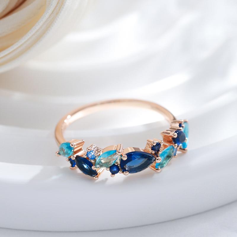 New  Rose Gold Color Ring For Women Luxury Blue Natural Zircon Leaf Ethnic Wedding Jewelry Daily Party Accessories
