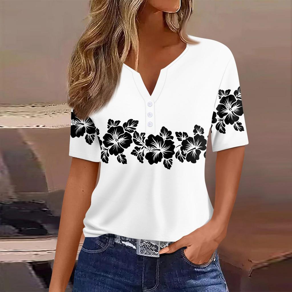 Dámské ležérní tričko s potiskem, výstřihem do V, krátkým rukávem a ozdobnými knoflíky