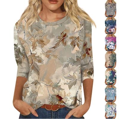 Top tricou cu mâneci trei sferturi, ocazional, cu gât rotund, cu imprimeu