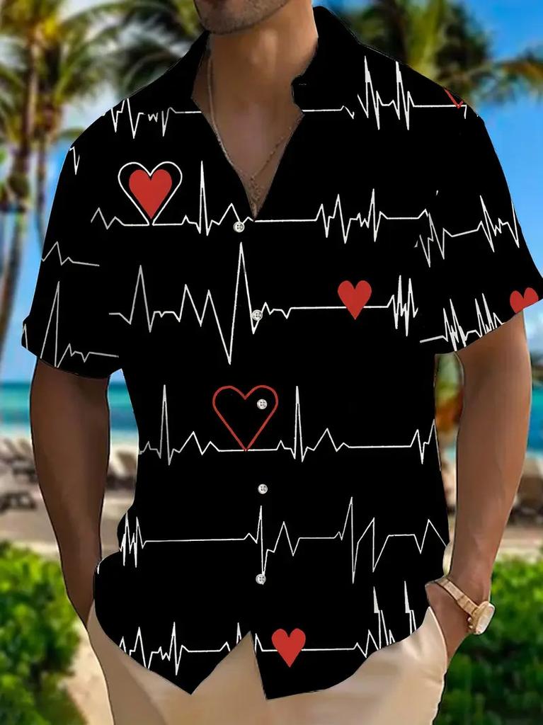 Trendy Short-sleeve Shirt with Love & Heart Prints, Casual and Versatile for Daily Wear.