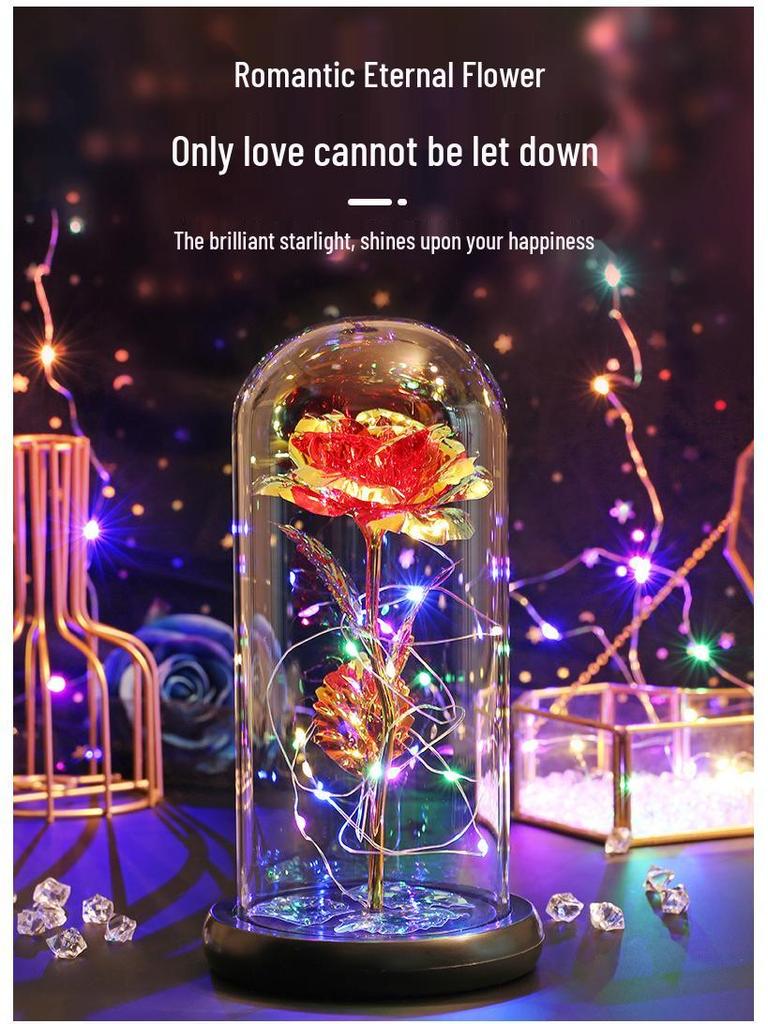 LED Rosegold Folie Konservierte Blume Glaskuppel - Kreatives Geschenk für Valentinstag & Frauentag