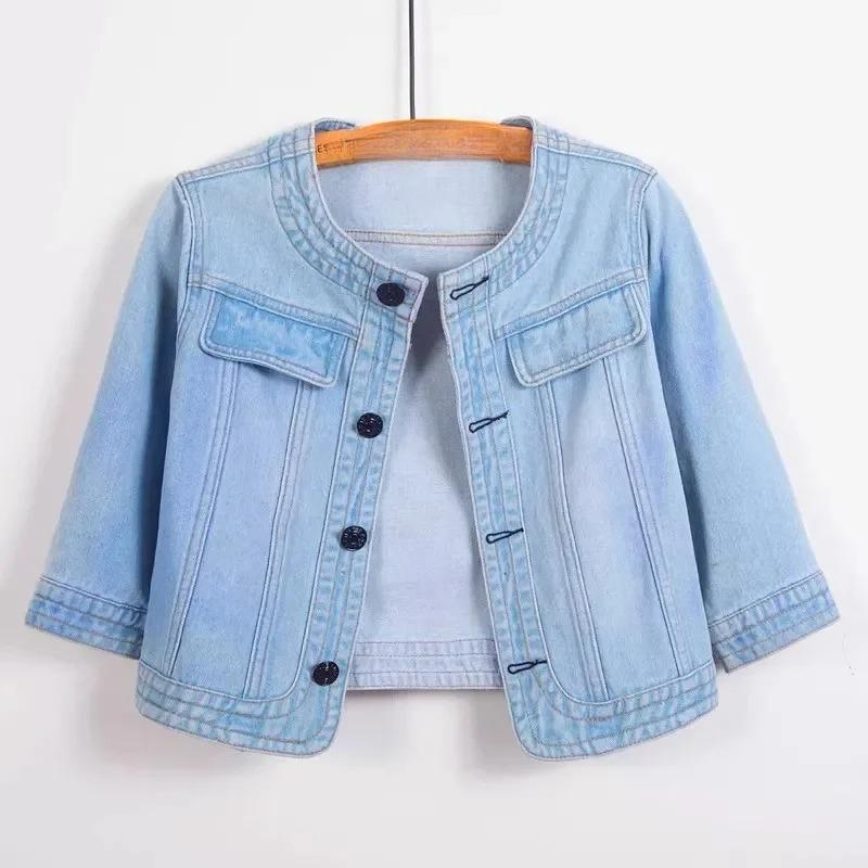 6XL Jeansjacke mit Viertelärmeln und Rundhalsausschnitt für Damen, Sommer Frühling, Kurzes lockeres Oberteil, Kombiniert mit Kleid, Cowboy-Außenbekleidung