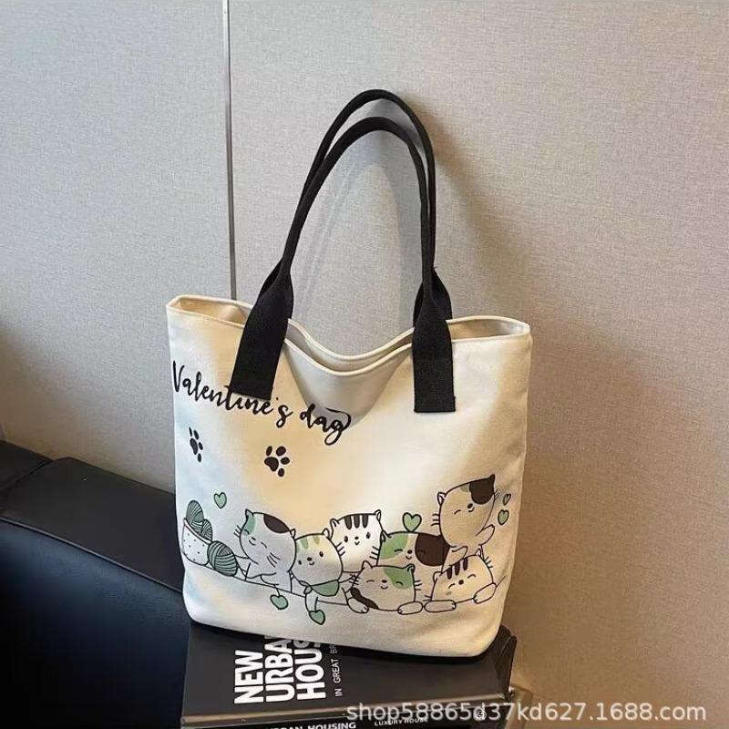 

New Large Capacity Cartoon Canvas Bag Schoolgirl Book Binding Commuter Tote Bag Casual Simple Lightweight Shoulder Cloth Bag чёрный