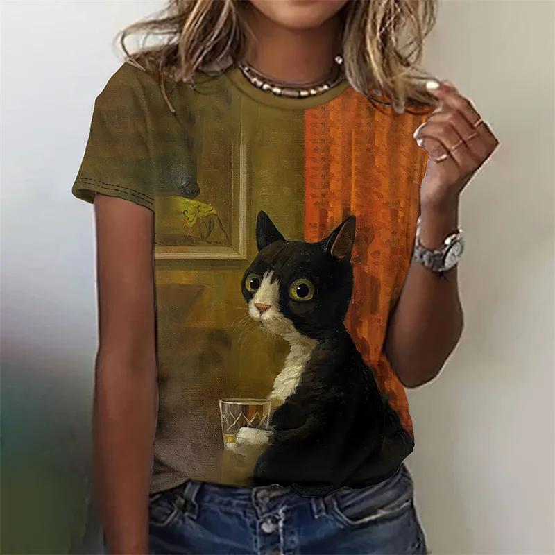 Summer Round Neck 3D Cute Cat Print Top Fashionable Casual Short Sleeved Women's T-shirts